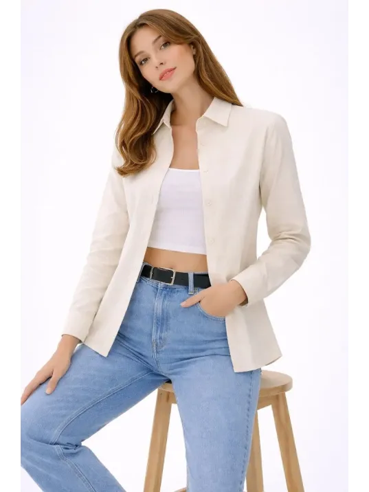 Kadın Uzun Kollu Gömlek Düğmeli Klasik Yaka Günlük Ve Ofis Şıklığına Uygun - Krem