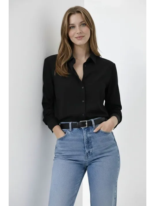 Kadın Uzun Kollu Gömlek Düğmeli Klasik Yaka Günlük Ve Ofis Şıklığına Uygun - Siyah Kadın Uzun Kollu Gömlek Düğmeli Klasik Yaka Günlük Ve Ofis Şıklığına Uygun - Siyah