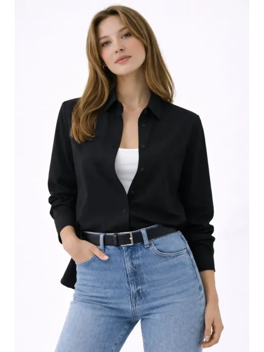 Kadın Uzun Kollu Gömlek Düğmeli Klasik Yaka Günlük Ve Ofis Şıklığına Uygun - Siyah Kadın Uzun Kollu Gömlek Düğmeli Klasik Yaka Günlük Ve Ofis Şıklığına Uygun - Siyah