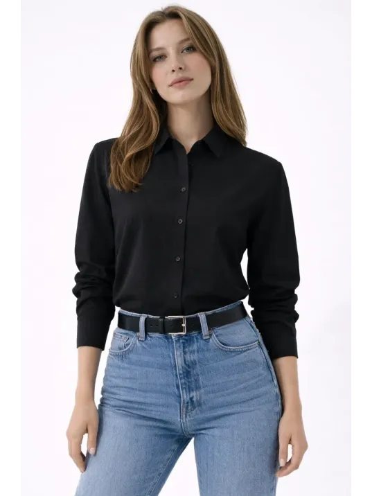 Kadın Uzun Kollu Gömlek Düğmeli Klasik Yaka Günlük Ve Ofis Şıklığına Uygun - Siyah Kadın Uzun Kollu Gömlek Düğmeli Klasik Yaka Günlük Ve Ofis Şıklığına Uygun - Siyah