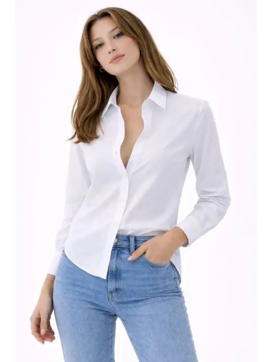 Kadın Uzun Kollu Gömlek Düğmeli Klasik Yaka Günlük Ve Ofis Şıklığına Uygun - Beyaz