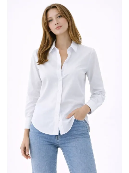 Kadın Uzun Kollu Gömlek Düğmeli Klasik Yaka Günlük Ve Ofis Şıklığına Uygun - Beyaz
