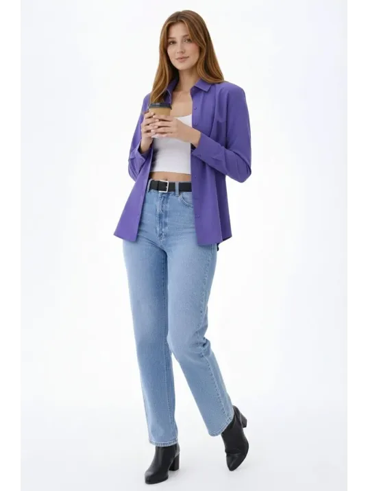 Kadın Uzun Kollu Gömlek Düğmeli Klasik Yaka Günlük Ve Ofis Şıklığına Uygun - Mor Kadın Uzun Kollu Gömlek Düğmeli Klasik Yaka Günlük Ve Ofis Şıklığına Uygun - Mor