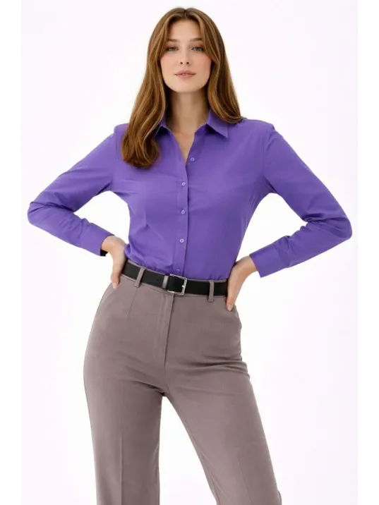 Kadın Uzun Kollu Gömlek Düğmeli Klasik Yaka Günlük Ve Ofis Şıklığına Uygun - Mor Kadın Uzun Kollu Gömlek Düğmeli Klasik Yaka Günlük Ve Ofis Şıklığına Uygun - Mor