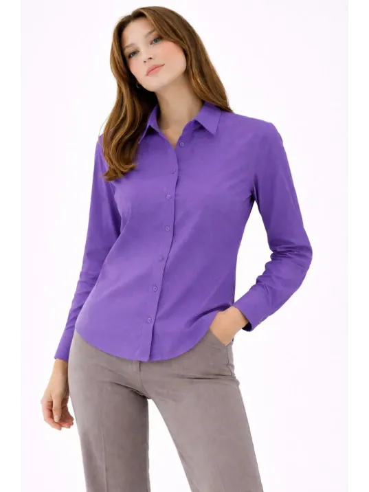 Kadın Uzun Kollu Gömlek Düğmeli Klasik Yaka Günlük Ve Ofis Şıklığına Uygun - Mor Kadın Uzun Kollu Gömlek Düğmeli Klasik Yaka Günlük Ve Ofis Şıklığına Uygun - Mor