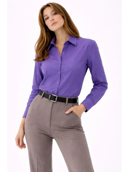 Kadın Uzun Kollu Gömlek Düğmeli Klasik Yaka Günlük Ve Ofis Şıklığına Uygun - Mor Kadın Uzun Kollu Gömlek Düğmeli Klasik Yaka Günlük Ve Ofis Şıklığına Uygun - Mor