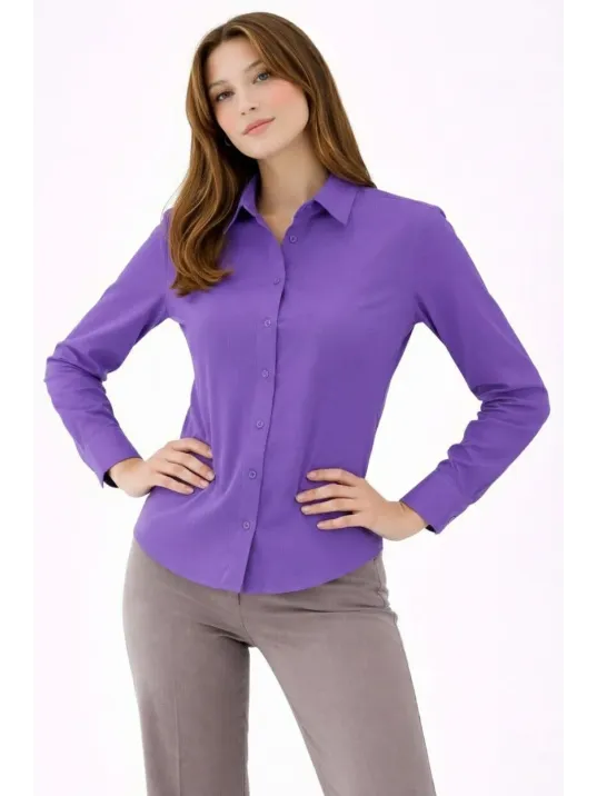 Kadın Uzun Kollu Gömlek Düğmeli Klasik Yaka Günlük Ve Ofis Şıklığına Uygun - Mor Kadın Uzun Kollu Gömlek Düğmeli Klasik Yaka Günlük Ve Ofis Şıklığına Uygun - Mor