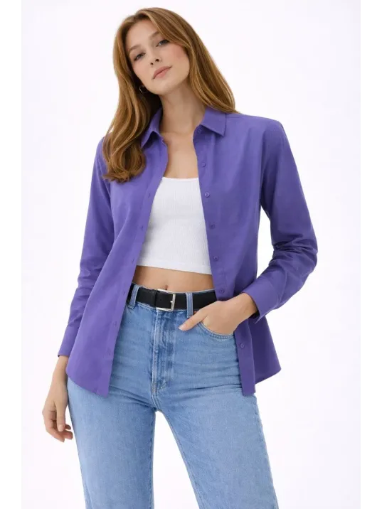 Kadın Uzun Kollu Gömlek Düğmeli Klasik Yaka Günlük Ve Ofis Şıklığına Uygun - Mor Kadın Uzun Kollu Gömlek Düğmeli Klasik Yaka Günlük Ve Ofis Şıklığına Uygun - Mor