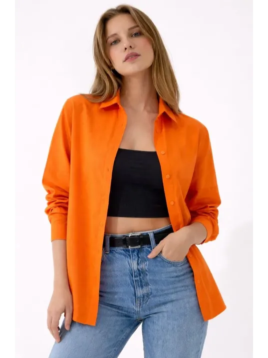 Kadın Uzun Kollu Gömlek Düğmeli Klasik Yaka Günlük Ve Ofis Şıklığına Uygun - Turuncu Kadın Uzun Kollu Gömlek Düğmeli Klasik Yaka Günlük Ve Ofis Şıklığına Uygun - Turuncu