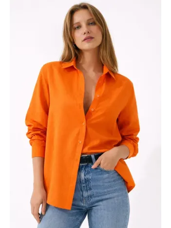 Kadın Uzun Kollu Gömlek Düğmeli Klasik Yaka Günlük Ve Ofis Şıklığına Uygun - Turuncu