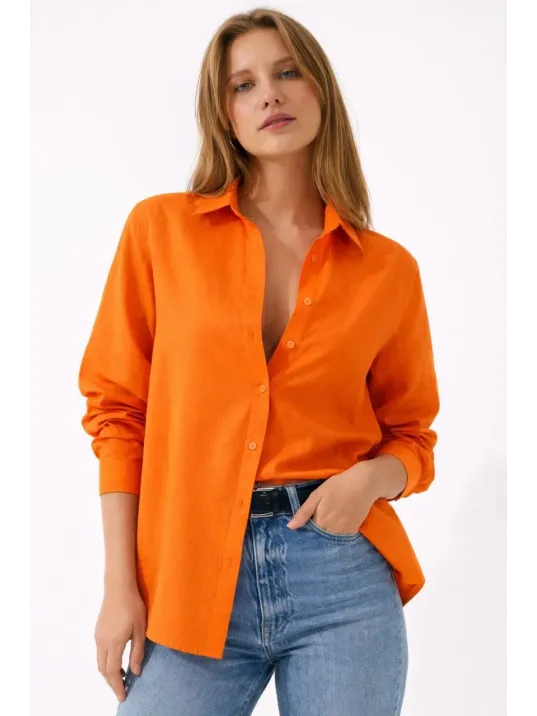 Kadın Uzun Kollu Gömlek Düğmeli Klasik Yaka Günlük Ve Ofis Şıklığına Uygun - Turuncu Kadın Uzun Kollu Gömlek Düğmeli Klasik Yaka Günlük Ve Ofis Şıklığına Uygun - Turuncu
