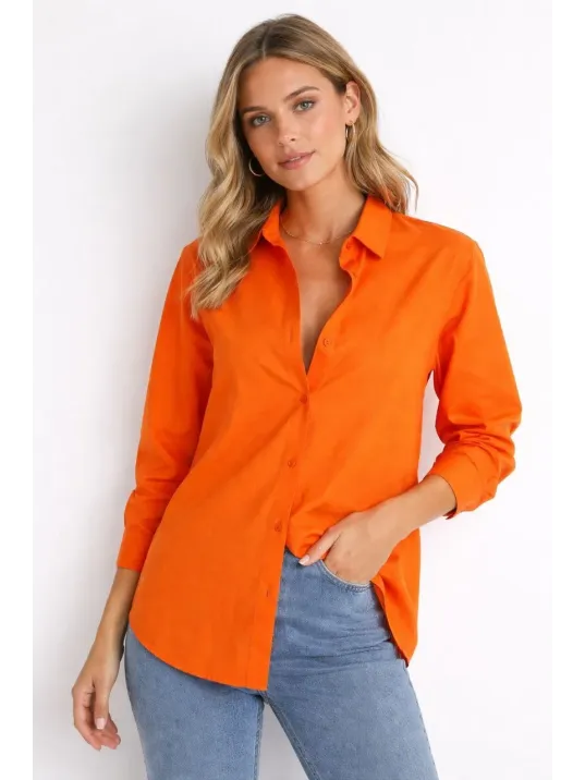 Kadın Uzun Kollu Gömlek Düğmeli Klasik Yaka Günlük Ve Ofis Şıklığına Uygun - Turuncu Kadın Uzun Kollu Gömlek Düğmeli Klasik Yaka Günlük Ve Ofis Şıklığına Uygun - Turuncu