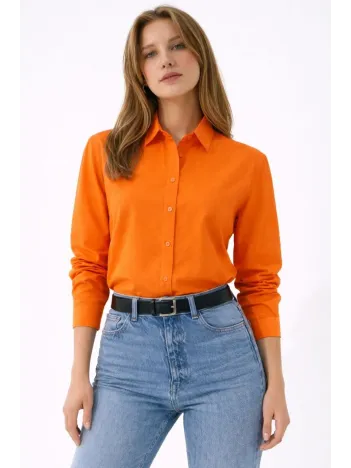 Kadın Uzun Kollu Gömlek Düğmeli Klasik Yaka Günlük Ve Ofis Şıklığına Uygun - Turuncu