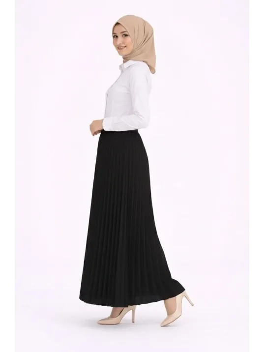 Tesettür Beyaz Gömlekli Pliseli Etek İkili Takım Gündelik Ve Ofis Şıklığı - Siyah