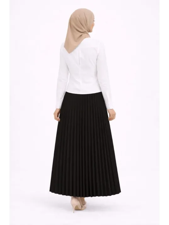 Tesettür Beyaz Gömlekli Pliseli Etek İkili Takım Gündelik Ve Ofis Şıklığı - Siyah