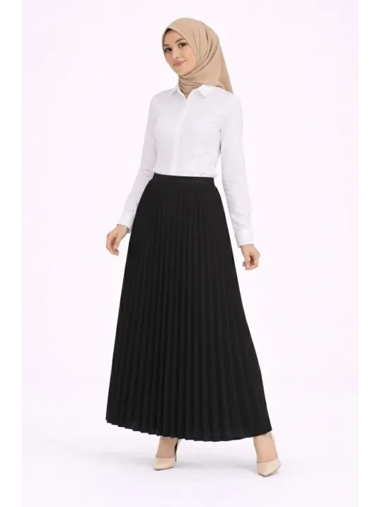 Tesettür Beyaz Gömlekli Pliseli Etek İkili Takım Gündelik Ve Ofis Şıklığı - Siyah