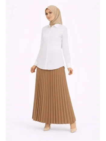 Tesettür Beyaz Gömlekli Pliseli Etek İkili Takım Gündelik Ve Ofis Şıklığı - Kahverengi