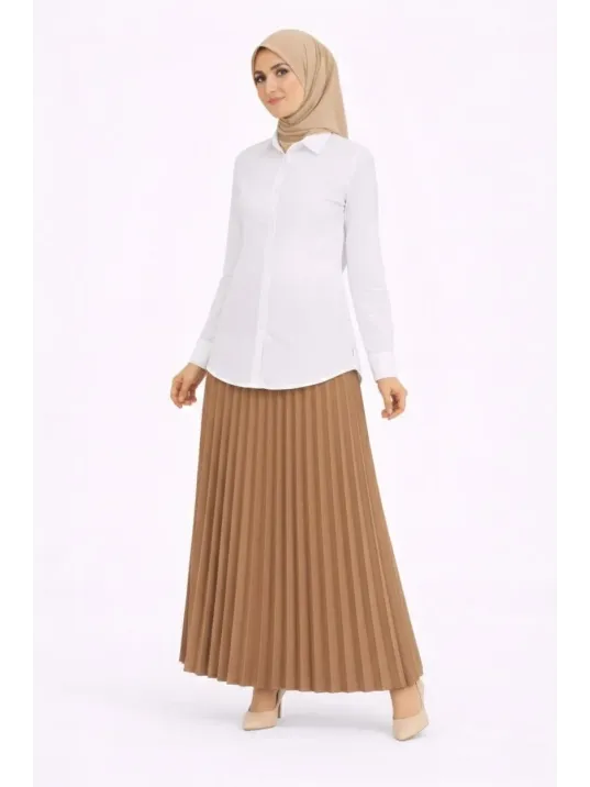 Tesettür Beyaz Gömlekli Pliseli Etek İkili Takım Gündelik Ve Ofis Şıklığı - Kahverengi