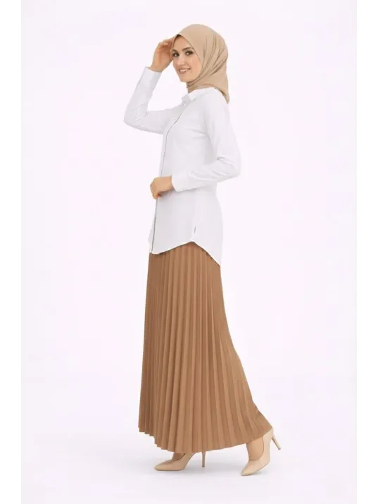 Tesettür Beyaz Gömlekli Pliseli Etek İkili Takım Gündelik Ve Ofis Şıklığı - Kahverengi