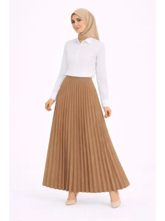 Tesettür Beyaz Gömlekli Pliseli Etek İkili Takım Gündelik Ve Ofis Şıklığı - Kahverengi