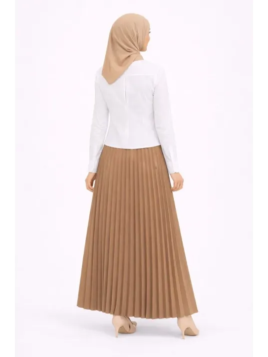 Tesettür Beyaz Gömlekli Pliseli Etek İkili Takım Gündelik Ve Ofis Şıklığı - Kahverengi