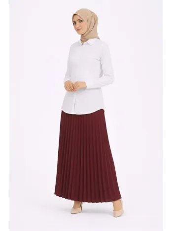 Tesettür Beyaz Gömlekli Pliseli Etek İkili Takım Gündelik Ve Ofis Şıklığı - Bordo