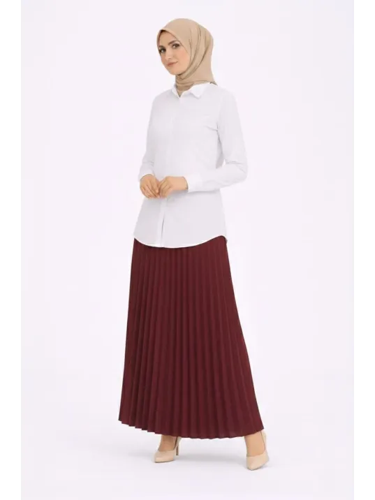 Tesettür Beyaz Gömlekli Pliseli Etek İkili Takım Gündelik Ve Ofis Şıklığı - Bordo