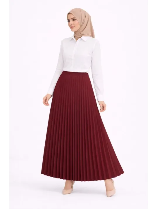 Tesettür Beyaz Gömlekli Pliseli Etek İkili Takım Gündelik Ve Ofis Şıklığı - Bordo