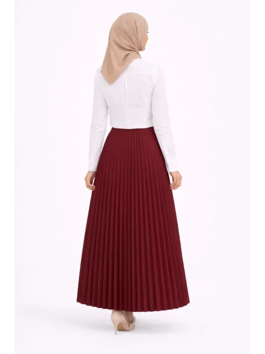 Tesettür Beyaz Gömlekli Pliseli Etek İkili Takım Gündelik Ve Ofis Şıklığı - Bordo