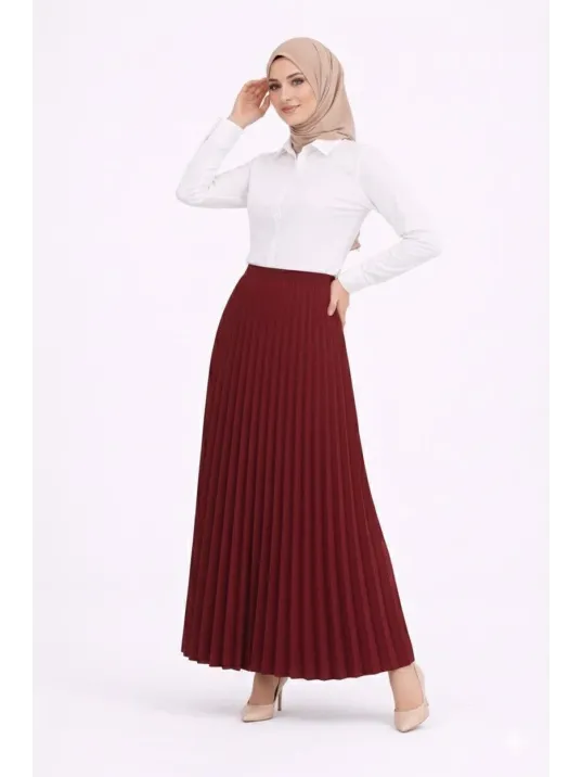 Tesettür Beyaz Gömlekli Pliseli Etek İkili Takım Gündelik Ve Ofis Şıklığı - Bordo