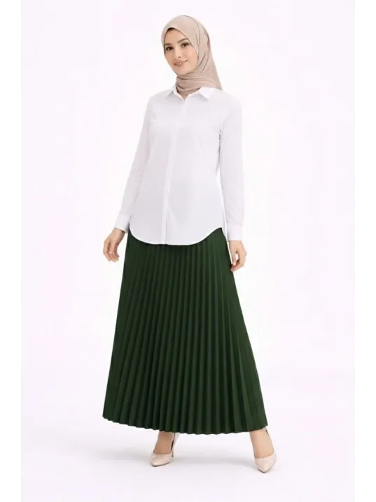Tesettür Beyaz Gömlekli Pliseli Etek İkili Takım Gündelik Ve Ofis Şıklığı - Çağla Yeşili Tesettür Beyaz Gömlekli Pliseli Etek İkili Takım Gündelik Ve Ofis Şıklığı - Çağla Yeşili