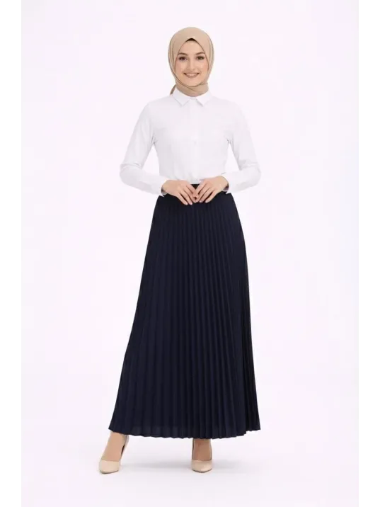 Tesettür Beyaz Gömlekli Pliseli Etek İkili Takım Gündelik Ve Ofis Şıklığı - Lacivert
