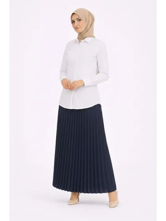 Tesettür Beyaz Gömlekli Pliseli Etek İkili Takım Gündelik Ve Ofis Şıklığı - Lacivert
