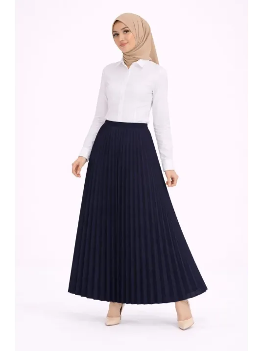 Tesettür Beyaz Gömlekli Pliseli Etek İkili Takım Gündelik Ve Ofis Şıklığı - Lacivert
