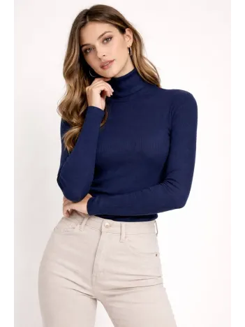 Kadın Tam Boğazlı Fitilli Likrali Kaşkorse Badi İnce Uzun Kollu Kazak - Lacivert
