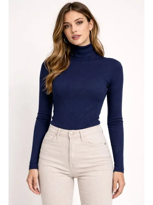 Kadın Tam Boğazlı Fitilli Likrali Kaşkorse Badi İnce Uzun Kollu Kazak - Lacivert Kadın Tam Boğazlı Fitilli Likrali Kaşkorse Badi İnce Uzun Kollu Kazak - Lacivert