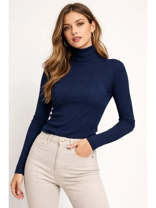 Kadın Tam Boğazlı Fitilli Likrali Kaşkorse Badi İnce Uzun Kollu Kazak - Lacivert Kadın Tam Boğazlı Fitilli Likrali Kaşkorse Badi İnce Uzun Kollu Kazak - Lacivert