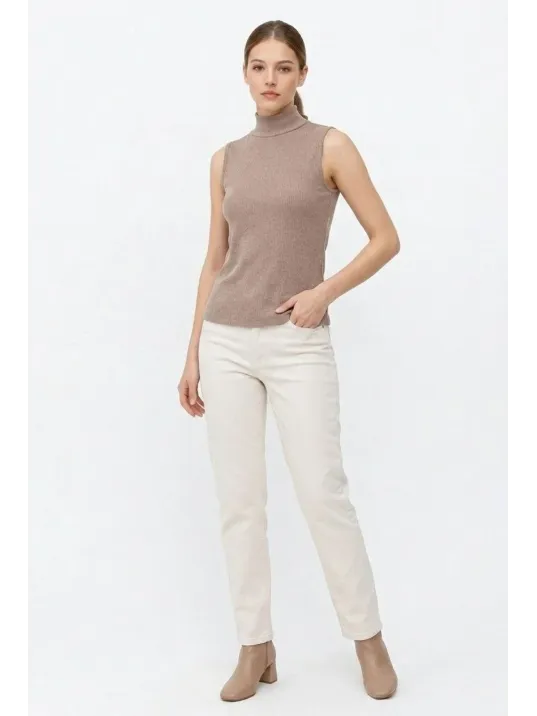 Kadın Yarım Balıkçı Yaka Fitilli Kaşkorse Atlet Basic Şık Bluz Badi - Bej
