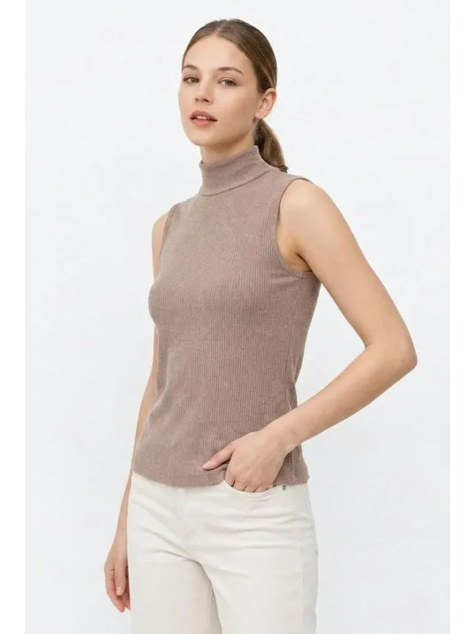 Kadın Yarım Balıkçı Yaka Fitilli Kaşkorse Atlet Basic Şık Bluz Badi - Bej