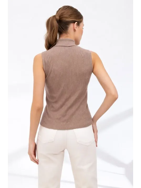Kadın Yarım Balıkçı Yaka Fitilli Kaşkorse Atlet Basic Şık Bluz Badi - Bej