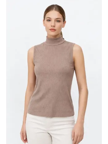 Kadın Yarım Balıkçı Yaka Fitilli Kaşkorse Atlet Basic Şık Bluz Badi - Bej