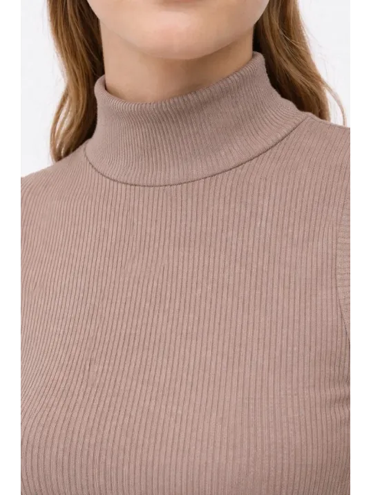 Kadın Yarım Balıkçı Yaka Fitilli Kaşkorse Atlet Basic Şık Bluz Badi - Bej