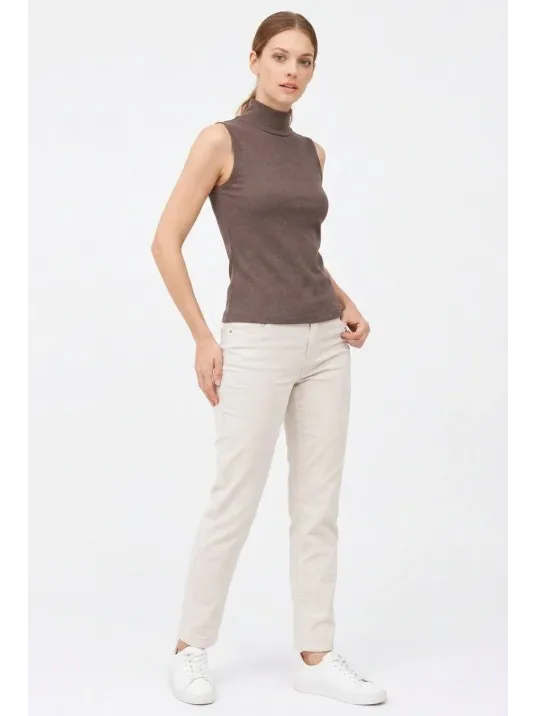 Kadın Yarım Balıkçı Yaka Fitilli Kaşkorse Atlet Basic Şık Bluz Badi - Kahverengi