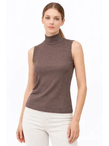 Kadın Yarım Balıkçı Yaka Fitilli Kaşkorse Atlet Basic Şık Bluz Badi - Kahverengi