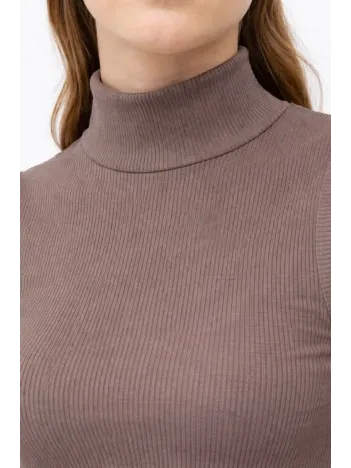 Kadın Yarım Balıkçı Yaka Fitilli Kaşkorse Atlet Basic Şık Bluz Badi - Kahverengi