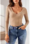 Kadın Fitilli Kaşkorse V Yaka Uzun Kollu Body Bluz Slim Fit - Bej