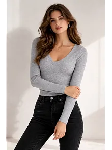 Kadın Fitilli Kaşkorse V Yaka Uzun Kollu Body Bluz Slim Fit - Gri