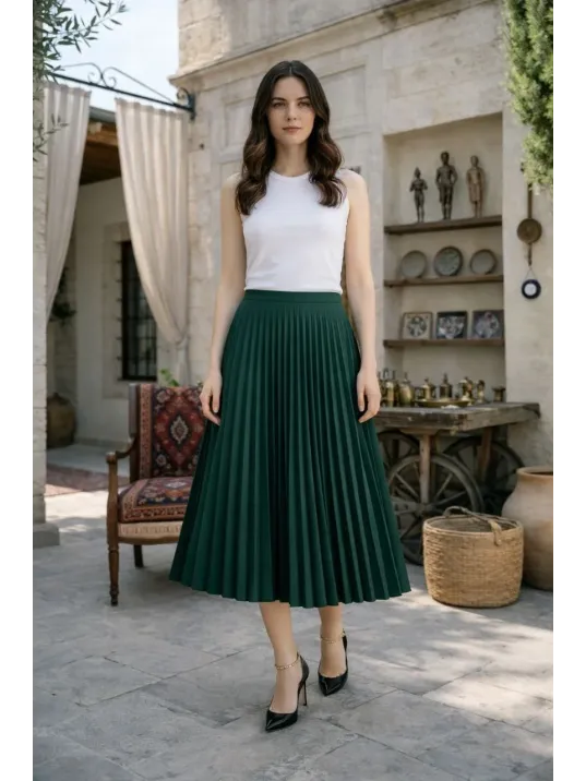 Kadın 90 Cm Saten Kumaş Pliseli Midi Etek Şık Ve Zarif Tasarım - Çağla Yeşili