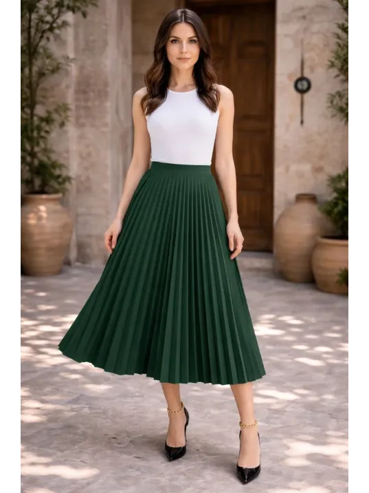 Kadın 90 Cm Saten Kumaş Pliseli Midi Etek Şık Ve Zarif Tasarım - Çağla Yeşili