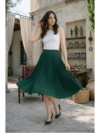 Kadın 90 Cm Saten Kumaş Pliseli Midi Etek Şık Ve Zarif Tasarım - Çağla Yeşili
